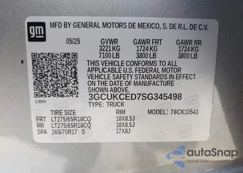 2025 Chevrolet Silverado 1500 4Wd Short Bed Custom Trail Boss из США, поврежденный, VIN 3GCUKCED7SG345498